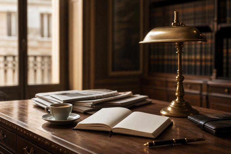 Arbeitsplatz der Redaktion mit Notizbuch und Fuellfederhalter